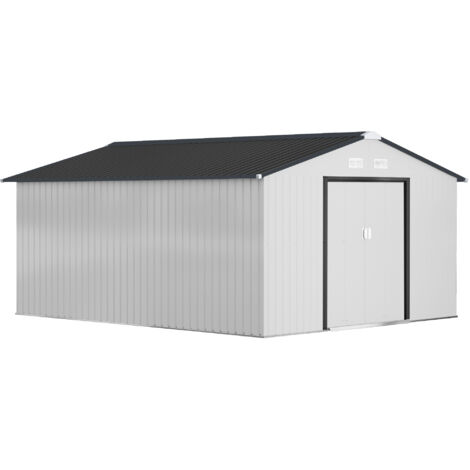 Outsunny caseta de jardín exterior 12,4 m² 340x386x200 cm con puerta corredera techo inclinado y 4 ventanas para terraza patio blanco