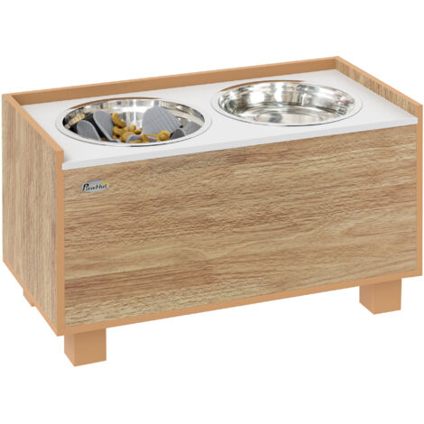 PawHut comedero perro elevado con alimentador lento extraíble y 2x 2L comedero y bebedero de acero inoxidable para perros grandes roble