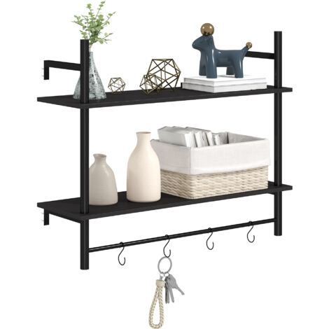 HOMCOM estante de pared de 2 niveles estante flotante con ganchos estantes y marco de acero para entrada salón dormitorio 80x24x65 cm negro (1/5)
