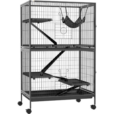 PawHut jaula para animales pequeños de 4 niveles jaula para roedores con ruedas rampas hamaca colgante y bandeja extraíble 80x52x128 cm gris oscuro