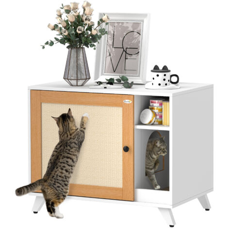 PawHut mueble arenero para gatos caja de arena para gatos con puerta con almohadilla para rascar y compartimento 77x50x63 cm blanco