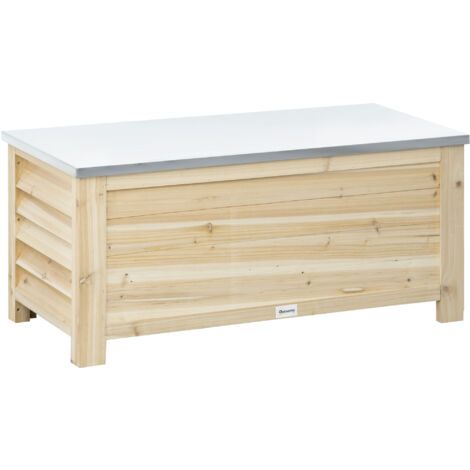 Outsunny baúl de almacenaje exterior carga 155L de madera con tapa de metal galvanizado y diseño con listones 110x50x50 cm natural