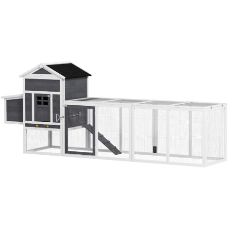 PawHut gallinero para exterior gallinero de madera con ponedero techo asfáltico bandeja extraíble y rampa 297,5x68x118 cm gris y blanco