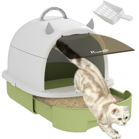 PawHut arenero para gatos cubierto arenero cerrado para gatos con bandeja extraíble filtro de carbono pala y asa 40,5x52x39 cm blanco y verde