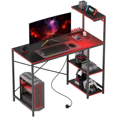 HOMCOM mesa gaming con luces LED 110x50 cm escritorio gaming de fibra de carbono tomas de corriente estantes y control remoto negro