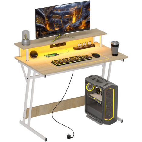 HOMCOM mesa gaming con luces LED 100x60 cm escritorio gaming con tomas de corriente soporte para monitor estantes y control remoto natural (1/5)