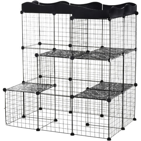 PawHut jaula para animales pequeños parque para mascotas forma personalizable valla metálica para cobayas conejos gatito 105x70x116 cm negro