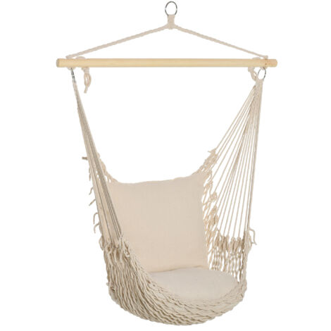 Outsunny silla colgante silla hamaca columpio con 2 cojines de algodón barra de madera carga 120 kg silla columpio para interior y exterior crema