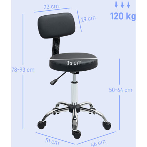 HOMCOM taburete giratorio taburete con ruedas y respaldo taburete de trabajo con altura regulable 78-93 cm asiento tapizado de cuero sintético negro