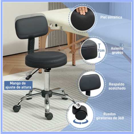 HOMCOM taburete giratorio taburete con ruedas y respaldo taburete de trabajo con altura regulable 78-93 cm asiento tapizado de cuero sintético negro