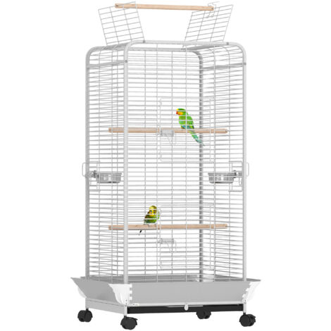PawHut jaula para pájaros jaula para loros con ruedas perchas comederos y bandeja extraíble pajarera para cacatúas cotorras 79x73x146 cm gris claro