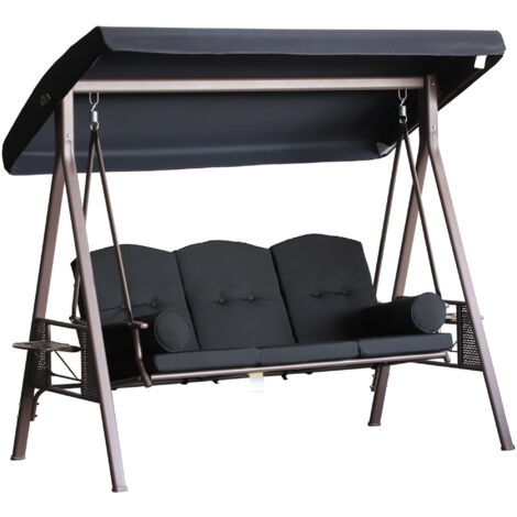 Outsunny columpio de jardín exterior de 3 plazas con toldo ajustable bandejas laterales y 2 almohadas carga 360 kg 208x121x172 cm negro