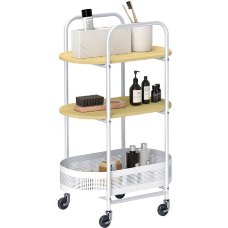 HOMCOM carrito auxiliar con ruedas carrito de cocina de 3 niveles con cesta y estantes 49,5x32,5x82,5 cm blanco y madera natural