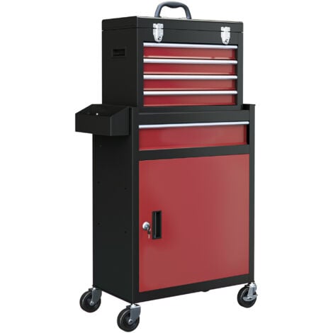 HOMCOM carro de herramientas caja de herramientas carro de taller con ruedas puerta cajones y cerraduras macizos para taller garaje de acero rojo