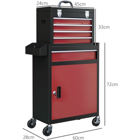 HOMCOM carro de herramientas caja de herramientas carro de taller con ruedas puerta cajones y cerraduras macizos para taller garaje de acero rojo