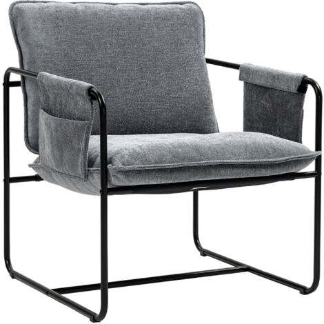 HOMCOM butaca de salón sillón de salón con reposabrazos bolsillos laterales y marco de acero butaca para dormitorio sala de estar carga 120 kg gris (1/5)