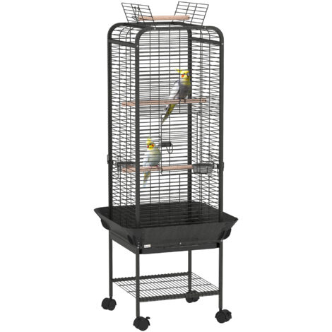 PawHut jaula para pájaros jaula para loros con ruedas perchas comederos etante y bandeja extraíble para cacatúas cotorras 62,5x62,5x146cm gris oscuro