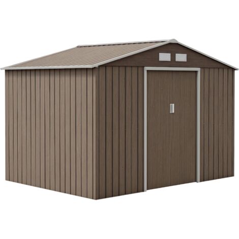 Outsunny caseta de jardín exterior 4,9 m² 277x195x192 cm con puerta corredera techo inclinado y 4 ventanas para patio terraza efecto madera