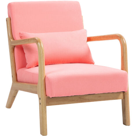HOMCOM Butaca de salón butaca nórdica sillón de salón con reposabrazos cojín y marco de madera de caucho para dormitorio carga 120 kg 61x78x76 cm rosa (1/5)