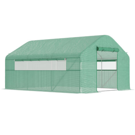 Outsunny invernadero de exterior 4x3x2 m invernadero de túnel con 2 ventanas cubierta de PE anti-UV y 1 puerta enrollable con cremallera verde