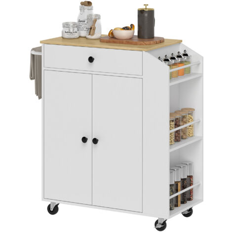 HOMCOM isla de cCocina con ruedas carrito de cocina con 2 puertas cajón especiero de 3 niveles toallero y estante ajustable 82x38x86,5 cm blanco (1/5)