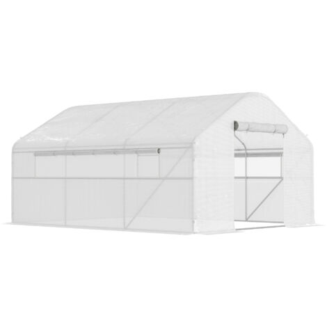 Outsunny invernadero de exterior 4x3x2 m invernadero de túnel con 2 ventanas cubierta de PE anti-UV y 1 puerta enrollable con cremallera blanco