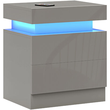 HOMCOM mesita de noche con luces LED mesilla de noche con 2 cajones y control remoto mesa de noche para dormitorio salón 45x35x52 cm gris (1/5)