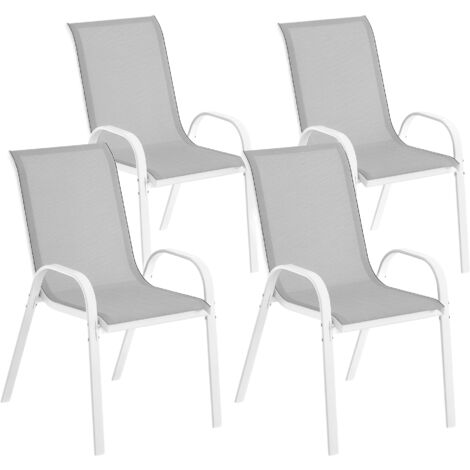Outsunny juego de 4 sillas de jardín exterior apilables con tela transpirable marco de acero reposabrazos y respaldo 54x71x93 cm gris y blanco