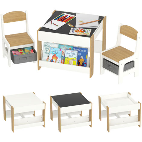 Juego de mesa y 2 sillas infantiles mesa con sillas para niños 3 en 1 con pizarra cajones de tela y espacio de almacenamiento blanco y natural
