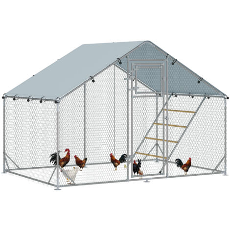 PawHut gallinero para exterior 3x2x2 m con comedero colgante tipo brocheta percha cubierta anti-UV e impermeable para conejos patos gansos plata