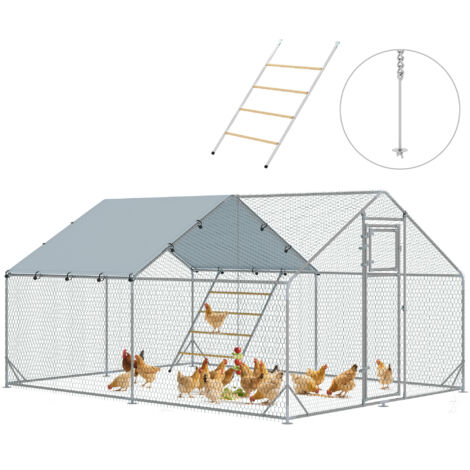 PawHut gallinero para exterior 3x4x2 m con comedero colgante tipo brocheta percha cubierta anti-UV e impermeable para conejos patos gansos plata