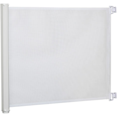PawHut barrera para perros retráctil y plegable con ancho ajustable 5,5-115 cm función enrollado automático y asa para escaleras y puertas blanco