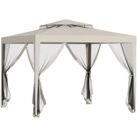Outsunny carpa de jardín 3x3 m cenador desmontable de exterior gazebo con 4 mosquiteras laterales techo doble anti-UV impermeable beige