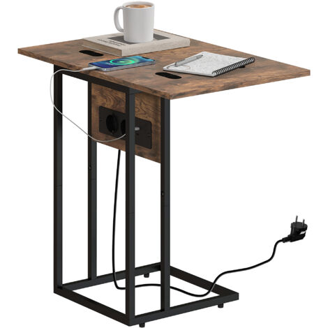 HOMCOM mesa auxiliar industrial mesa auxiliar para sofá con encimera plegable estación de carga y pies ajustables marrón rústico y negro