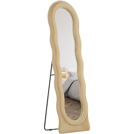 HOMCOM espejo de cuerpo entero 160x50 cm espejo de pie o de pared diseño ondulado marco con tela de terciopelo para salón dormitorio beige