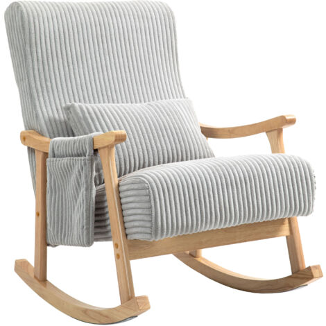 HOMCOM mecedora moderna silla mecedora con patas y reposabrazos de madera de caucho cojín lumbar y bolsillo mecedora para lactancia carga 120 kg gris