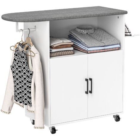 HOMCOM mueble de plancha con ruedas mueble de planchado con barra para colgar ropa estante abierto y tabla de planchar 125x43,5x102,5 cm blanco