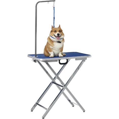 PawHut mesa de peluquería para mascotas con encimera antideslizante patas plegables asa y brazo con altura ajustable 72x45x74-81 cm azul (1/5)
