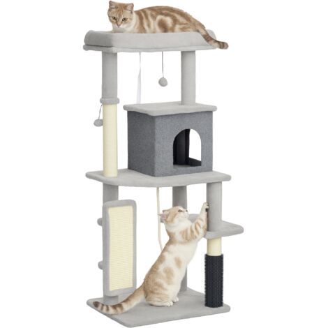 PawHut árbol rascador para gatos grande 132 cm árbol para gatos con plataformas poste con cepillo bolas colgantes y almohadilla para rascar gris