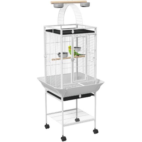 PawHut jaula para pájaros jaula para loros con ruedas perchas comederos estante puente arqueado y bandejas extraíbles 62,5x62,5x156 cm blanco