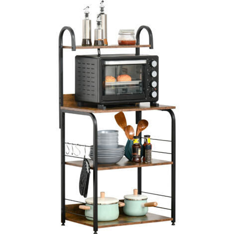 Estantería de cocina de 4 niveles estante de cocina con ganchos estantería para microondas 60x40x125 cm marrón rústico y negro
