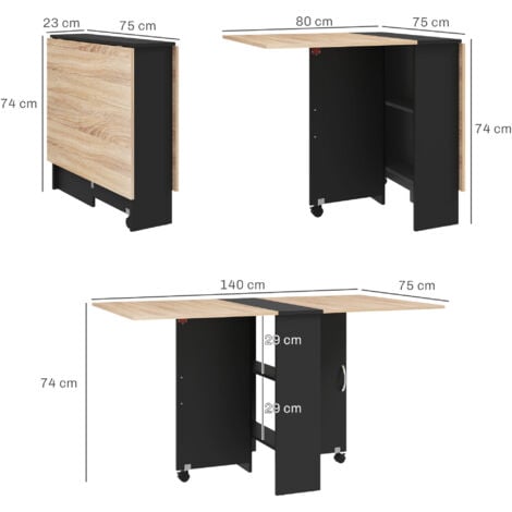 HOMCOM mesa plegable de comedor mesa de cocina plegable con ruedas alas abatibles y estantes mesa plegable para 4-6 personas 75x140x74 cm natural