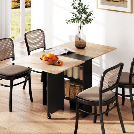 HOMCOM mesa plegable de comedor mesa de cocina plegable con ruedas alas abatibles y estantes mesa plegable para 4-6 personas 75x140x74 cm natural