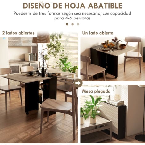 HOMCOM mesa plegable de comedor mesa de cocina plegable con ruedas alas abatibles y estantes mesa plegable para 4-6 personas 75x140x74 cm natural