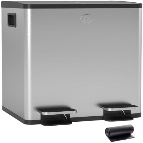 Cubo de basura de cocina con 2 compartimentos 2x15L papelera de cocina de acero inoxidable con pedales tapas de cierre suave y cubo extraíble plata (1/5)