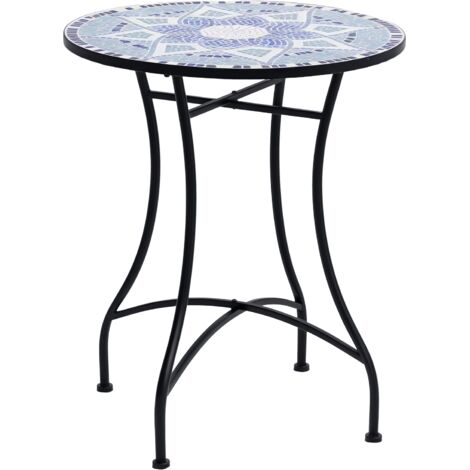Outsunny mesa de jardín redonda mesa de terraza exterior Ø60x71 cm con encimera de mosaico decorativo carga 100 kg azul y blanco