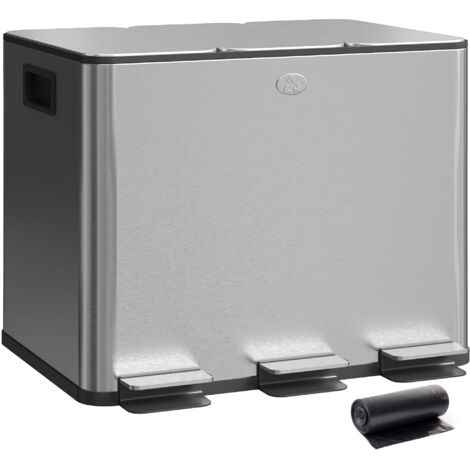 Cubo de basura de cocina con 3 compartimentos 3x10L papelera de cocina de acero inoxidable con pedales tapas de cierre suave y cubo extraíble plata