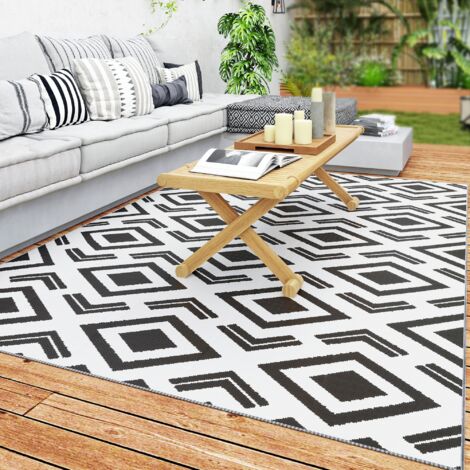 Outsunny alfombra de exterior 182x274 cm alfombra reversible con patrón geométrico impermeable bolsa de transporte blanco y negro