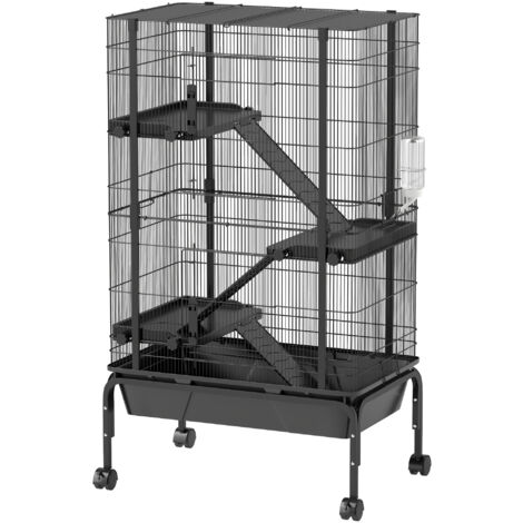PawHut jaula para animales pequeños de 4 niveles jaula para roedores con ruedas rampas cuenco botella de agua y bandeja extraíble 69x44x120 cm negro