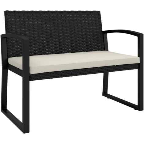 Outsunny banco de jardín de ratán sintético de 2 plazas banco de exterior con cojín y reposabrazos carga 240 kg 103x58x78 cm negro y beige